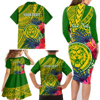 Personalised Leone High School Family Matching Long Sleeve Bodycon Dress and Hawaiian Shirt American Samoa Schools Polynesian Tropical Flowers - Wonder Print Shop