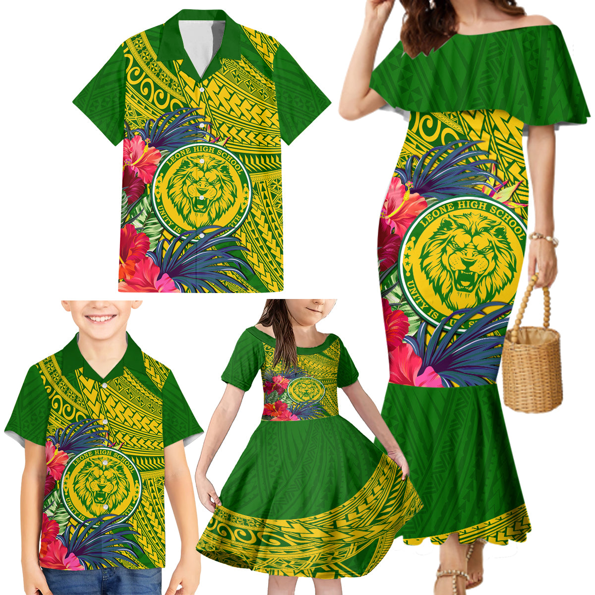 Personalised Leone High School Family Matching Mermaid Dress and Hawaiian Shirt American Samoa Schools Polynesian Tropical Flowers - Wonder Print Shop