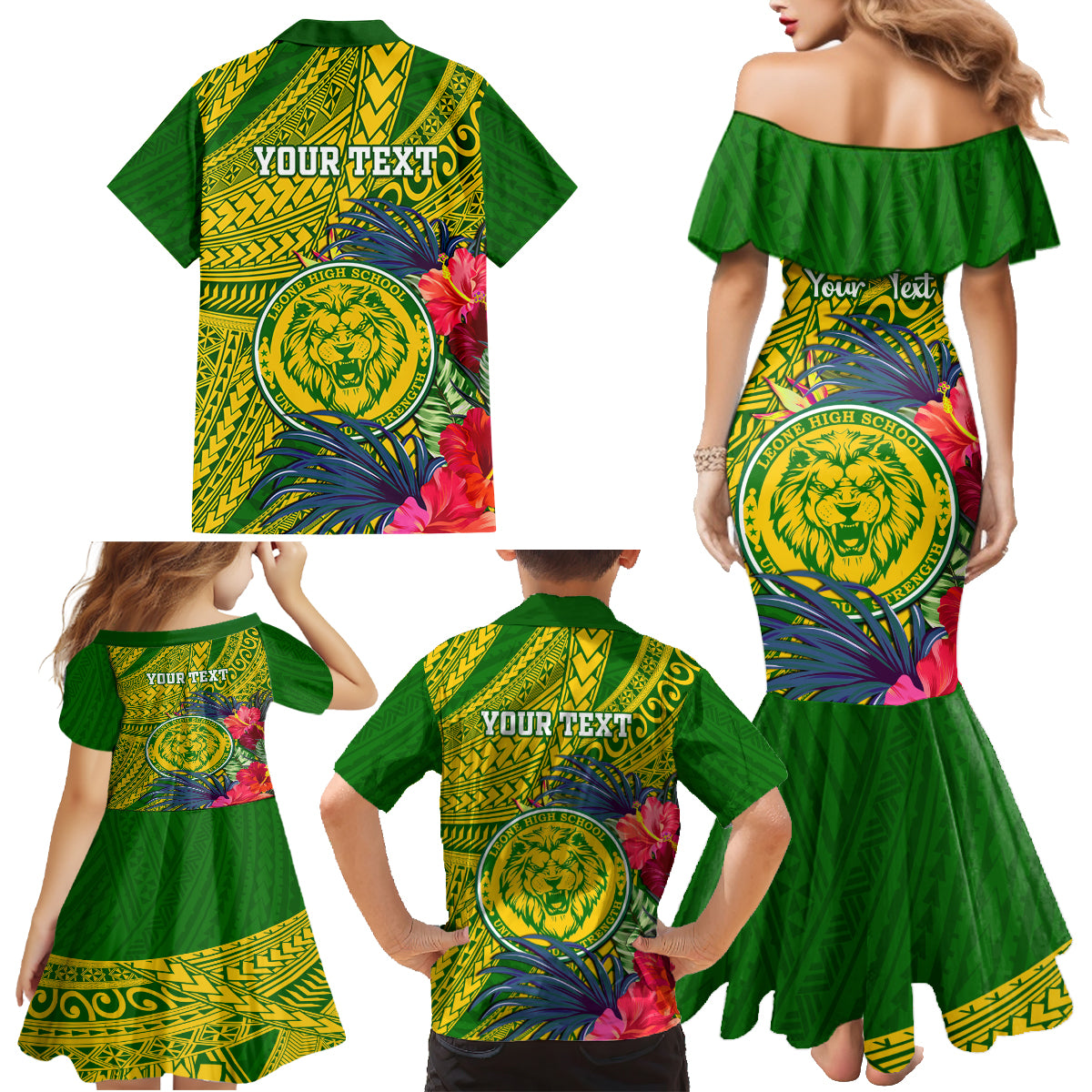 Personalised Leone High School Family Matching Mermaid Dress and Hawaiian Shirt American Samoa Schools Polynesian Tropical Flowers - Wonder Print Shop