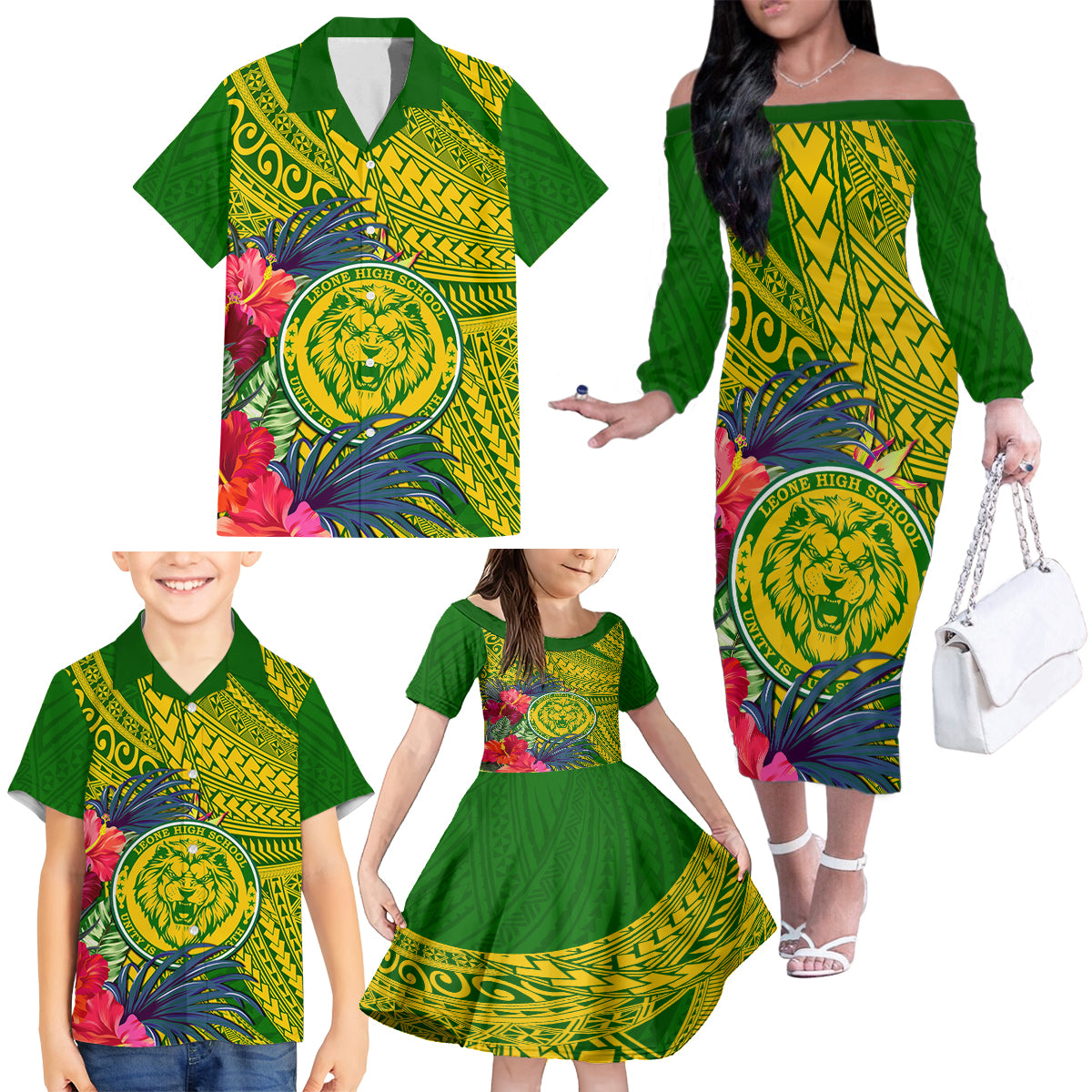 Personalised Leone High School Family Matching Off Shoulder Long Sleeve Dress and Hawaiian Shirt American Samoa Schools Polynesian Tropical Flowers - Wonder Print Shop