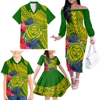 Personalised Leone High School Family Matching Off Shoulder Long Sleeve Dress and Hawaiian Shirt American Samoa Schools Polynesian Tropical Flowers - Wonder Print Shop