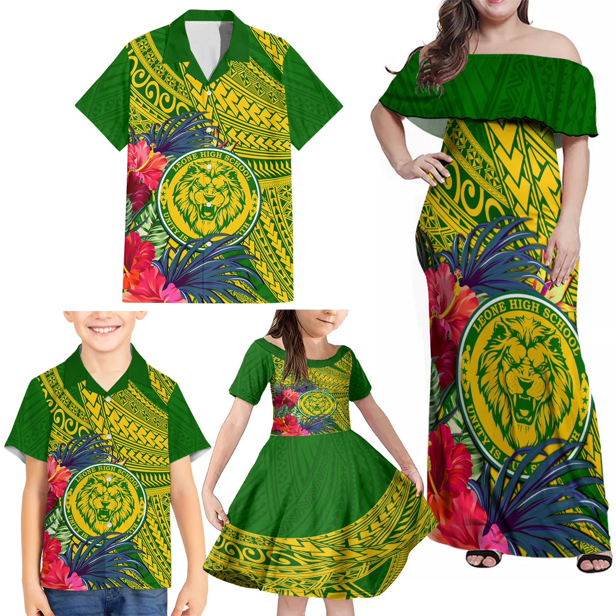 Personalised Leone High School Family Matching Off Shoulder Maxi Dress and Hawaiian Shirt American Samoa Schools Polynesian Tropical Flowers - Wonder Print Shop