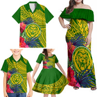 Personalised Leone High School Family Matching Off Shoulder Maxi Dress and Hawaiian Shirt American Samoa Schools Polynesian Tropical Flowers - Wonder Print Shop