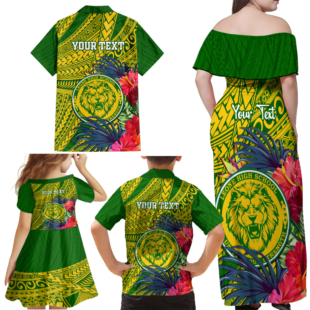 Personalised Leone High School Family Matching Off Shoulder Maxi Dress and Hawaiian Shirt American Samoa Schools Polynesian Tropical Flowers - Wonder Print Shop