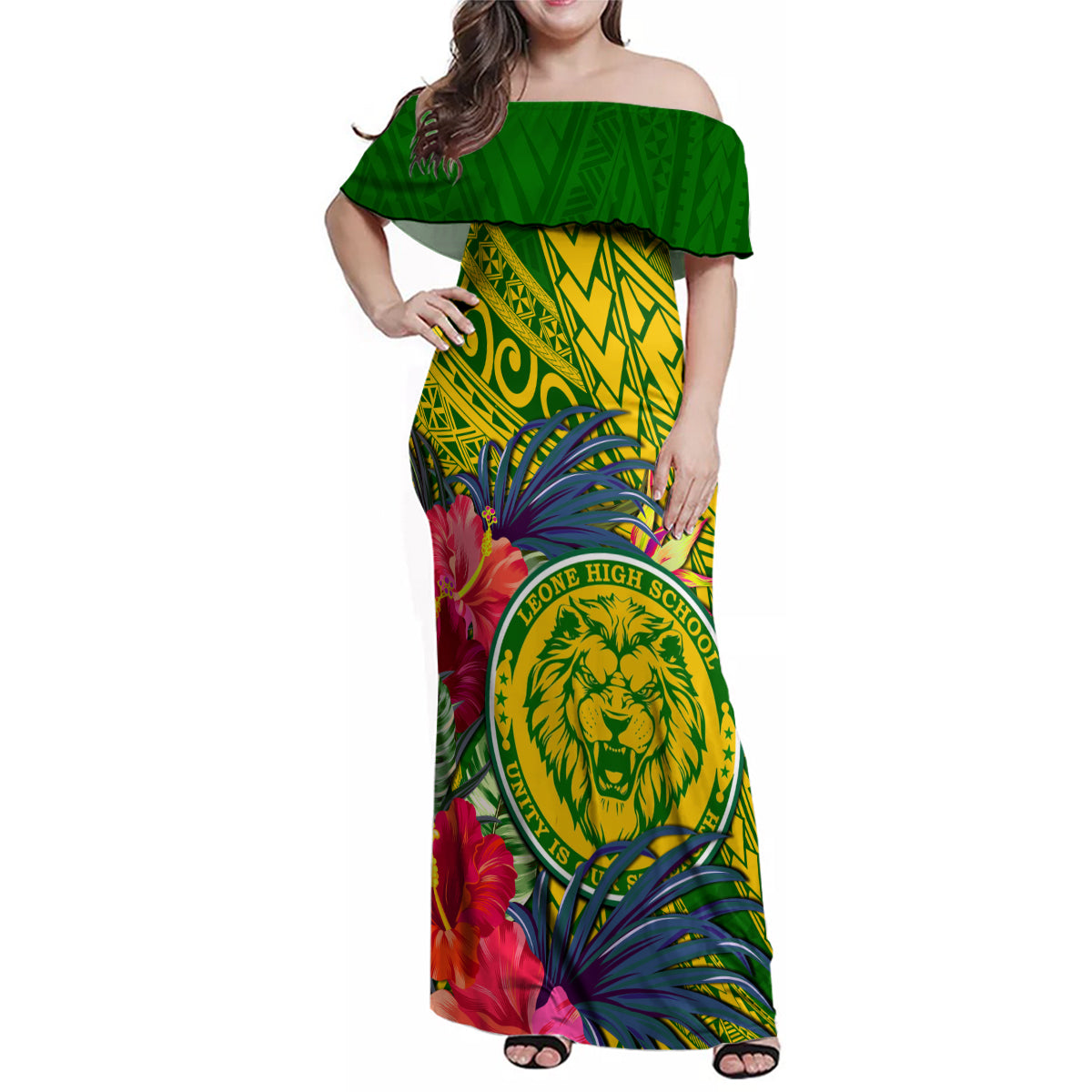 Personalised Leone High School Family Matching Off Shoulder Maxi Dress and Hawaiian Shirt American Samoa Schools Polynesian Tropical Flowers - Wonder Print Shop