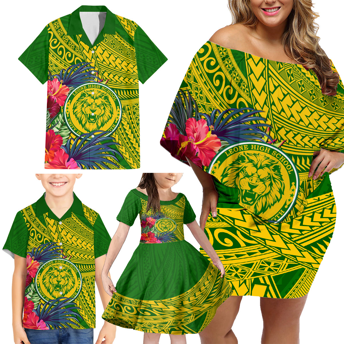 Personalised Leone High School Family Matching Off Shoulder Short Dress and Hawaiian Shirt American Samoa Schools Polynesian Tropical Flowers - Wonder Print Shop