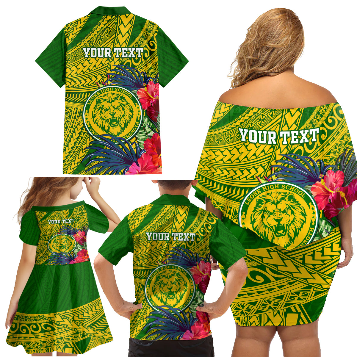 Personalised Leone High School Family Matching Off Shoulder Short Dress and Hawaiian Shirt American Samoa Schools Polynesian Tropical Flowers - Wonder Print Shop