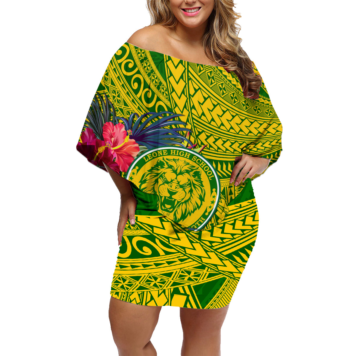 Personalised Leone High School Family Matching Off Shoulder Short Dress and Hawaiian Shirt American Samoa Schools Polynesian Tropical Flowers - Wonder Print Shop