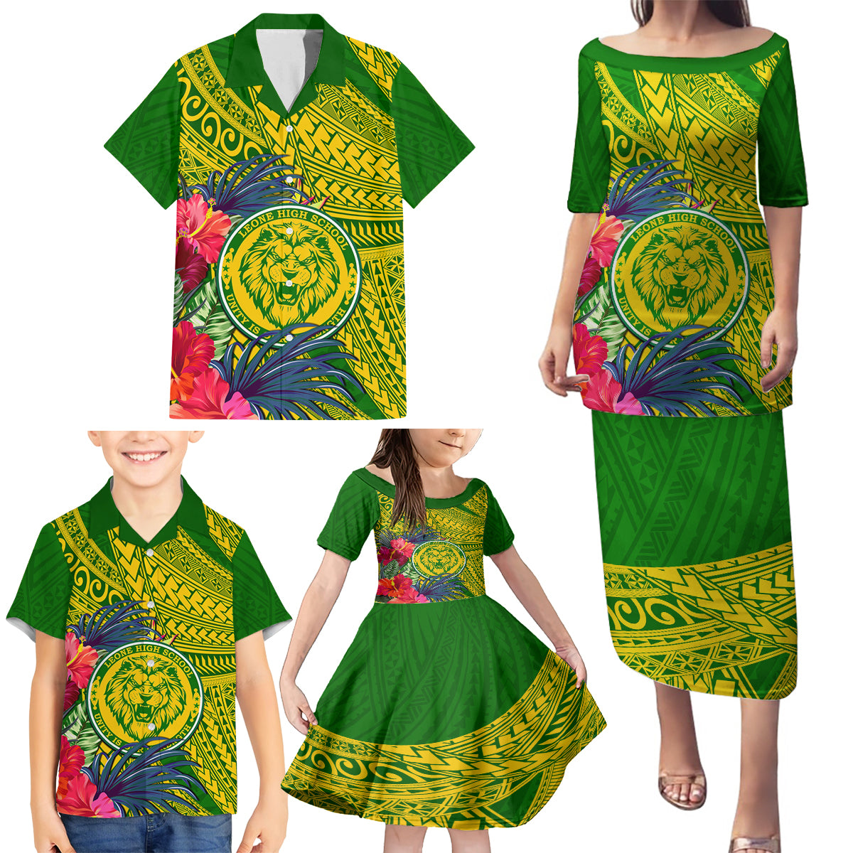 Personalised Leone High School Family Matching Puletasi Dress and Hawaiian Shirt American Samoa Schools Polynesian Tropical Flowers - Wonder Print Shop
