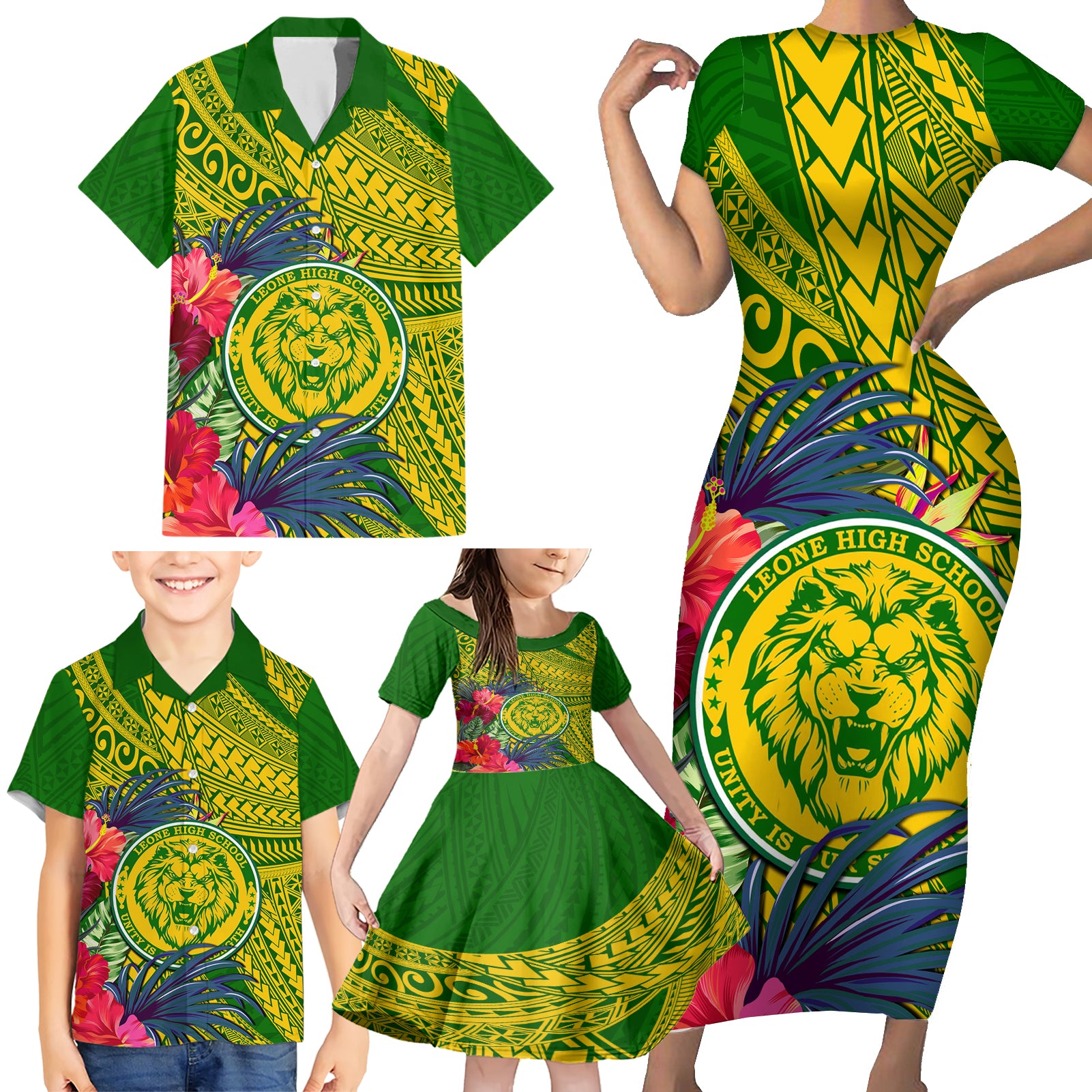 Personalised Leone High School Family Matching Short Sleeve Bodycon Dress and Hawaiian Shirt American Samoa Schools Polynesian Tropical Flowers - Wonder Print Shop