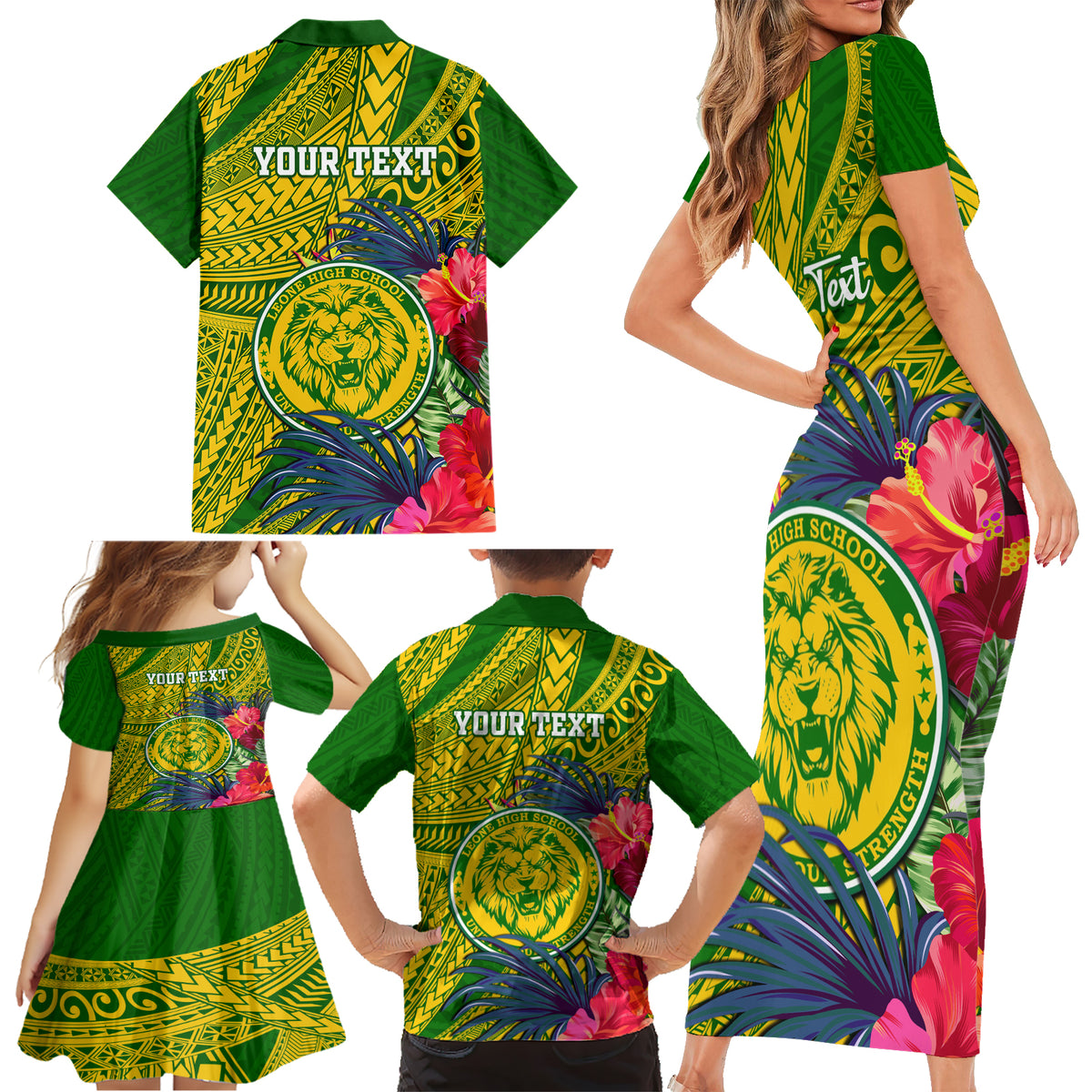 Personalised Leone High School Family Matching Short Sleeve Bodycon Dress and Hawaiian Shirt American Samoa Schools Polynesian Tropical Flowers - Wonder Print Shop