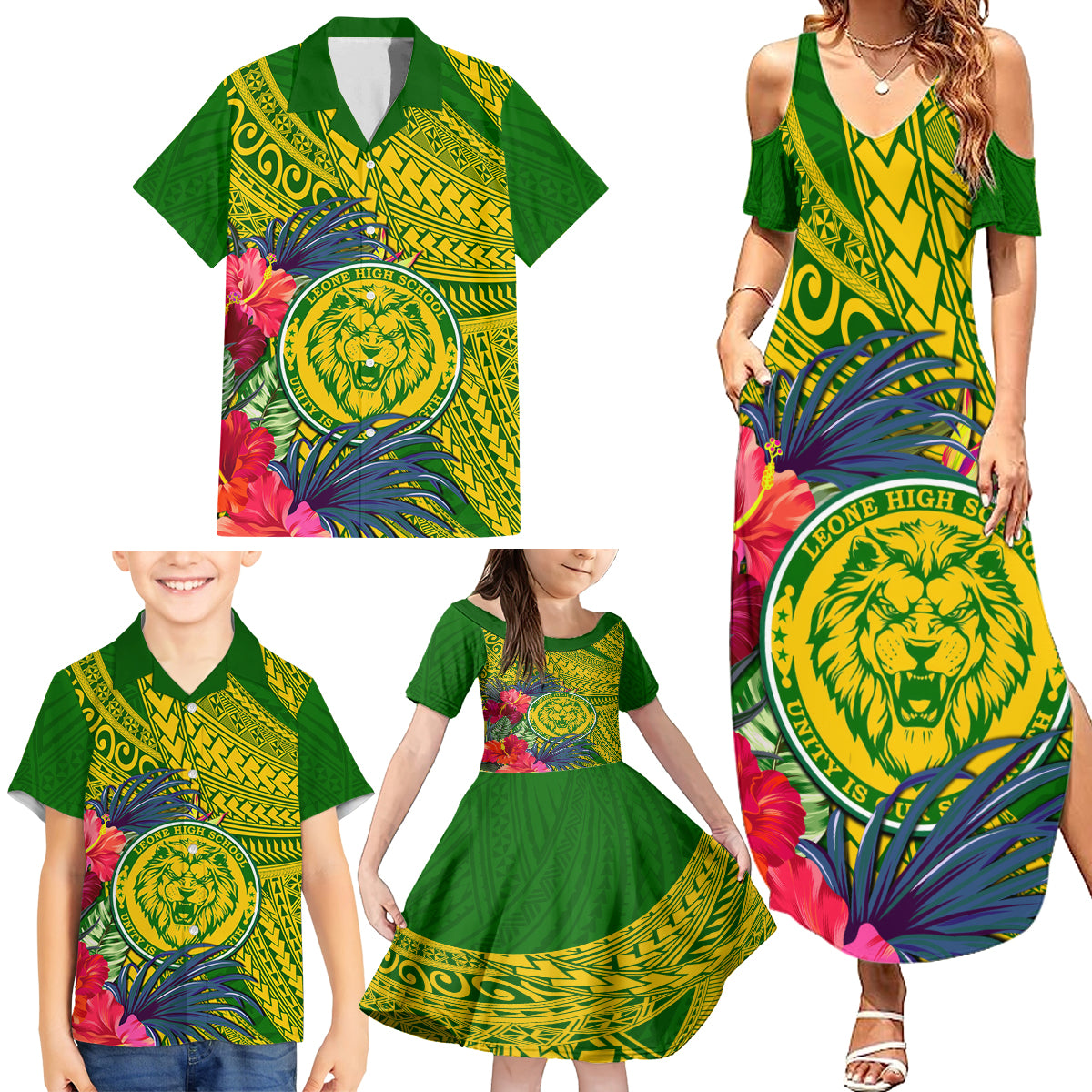Personalised Leone High School Family Matching Summer Maxi Dress and Hawaiian Shirt American Samoa Schools Polynesian Tropical Flowers - Wonder Print Shop