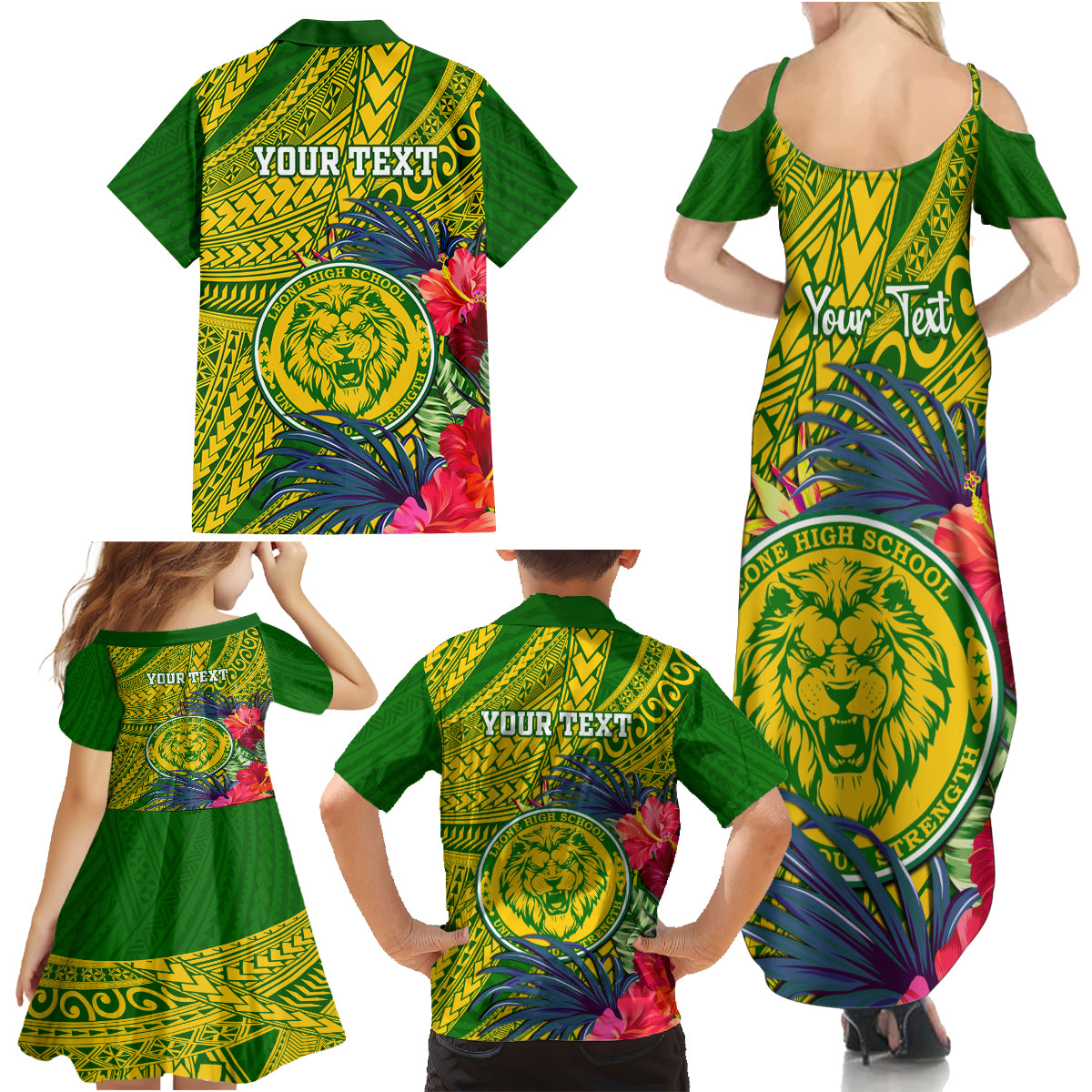 Personalised Leone High School Family Matching Summer Maxi Dress and Hawaiian Shirt American Samoa Schools Polynesian Tropical Flowers - Wonder Print Shop