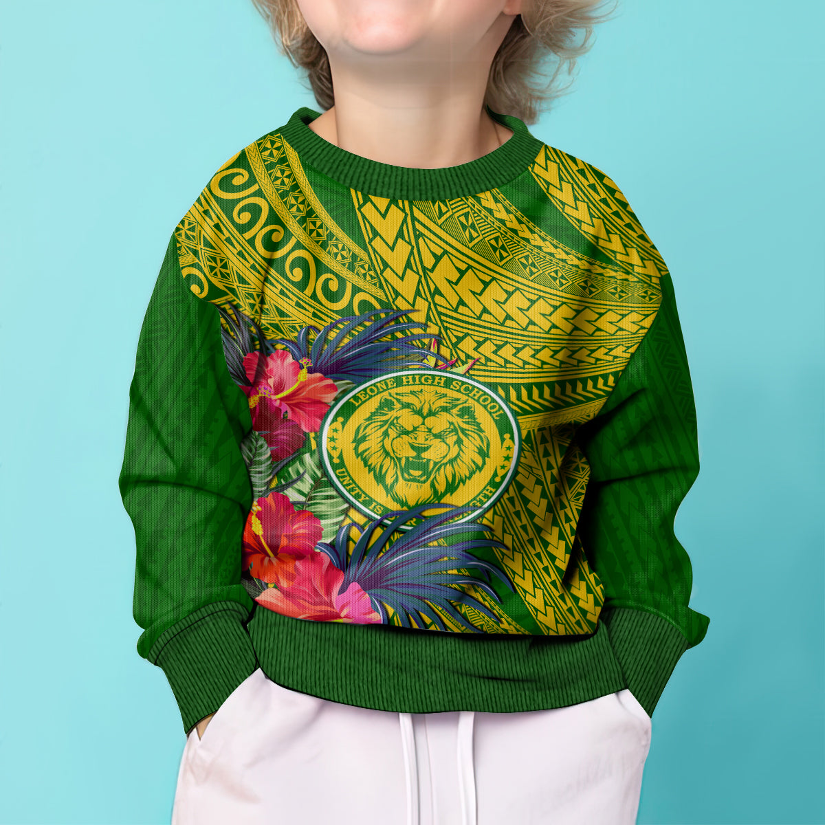 Personalised Leone High School Kid Ugly Christmas Sweater American Samoa Schools Polynesian Tropical Flowers - Wonder Print Shop