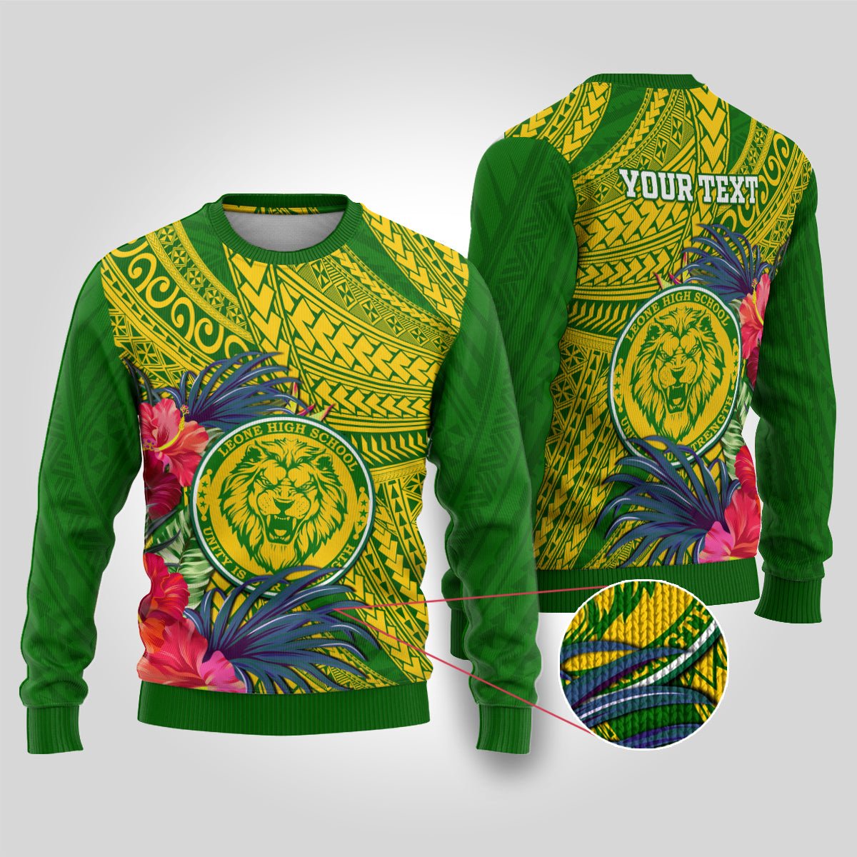 Personalised Leone High School Ugly Christmas Sweater American Samoa Schools Polynesian Tropical Flowers - Wonder Print Shop