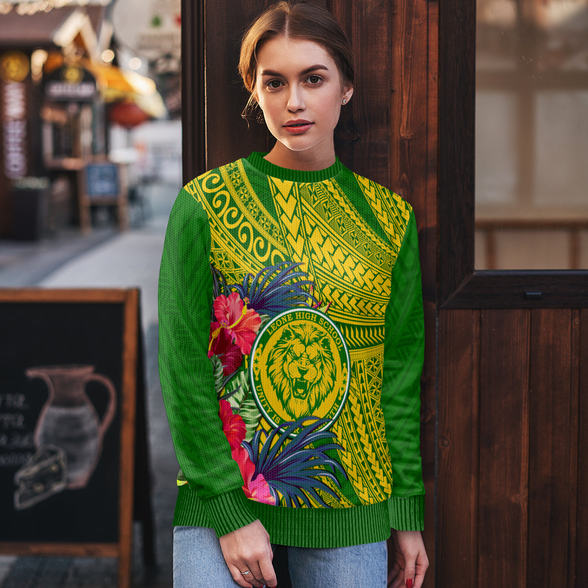 Personalised Leone High School Ugly Christmas Sweater American Samoa Schools Polynesian Tropical Flowers - Wonder Print Shop