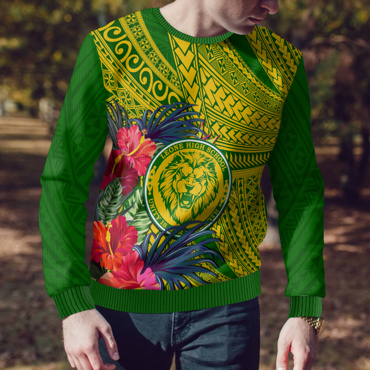 Personalised Leone High School Ugly Christmas Sweater American Samoa Schools Polynesian Tropical Flowers - Wonder Print Shop