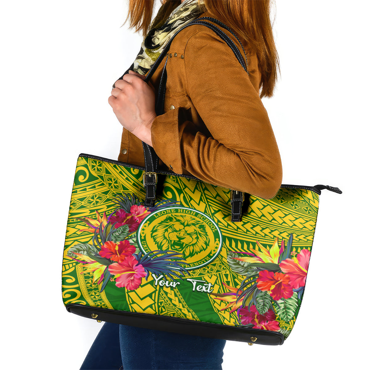 Personalised Leone High School Leather Tote Bag American Samoa Schools Polynesian Tropical Flowers - Wonder Print Shop