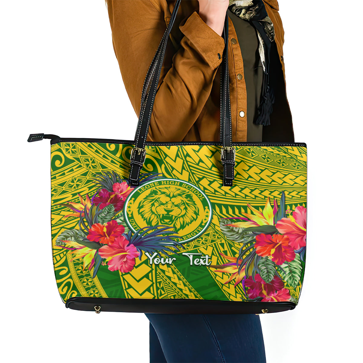 Personalised Leone High School Leather Tote Bag American Samoa Schools Polynesian Tropical Flowers - Wonder Print Shop