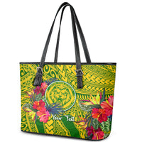 Personalised Leone High School Leather Tote Bag American Samoa Schools Polynesian Tropical Flowers - Wonder Print Shop
