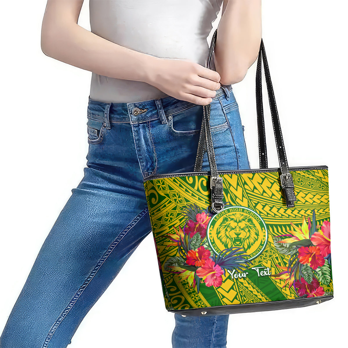 Personalised Leone High School Leather Tote Bag American Samoa Schools Polynesian Tropical Flowers - Wonder Print Shop