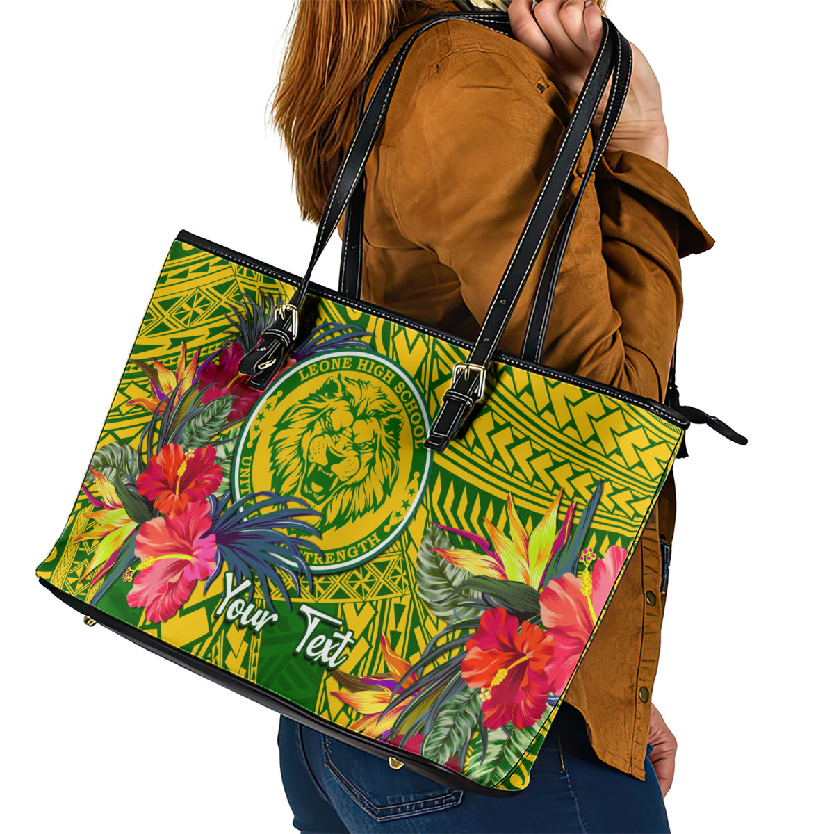 Personalised Leone High School Leather Tote Bag American Samoa Schools Polynesian Tropical Flowers - Wonder Print Shop