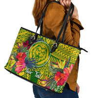 Personalised Leone High School Leather Tote Bag American Samoa Schools Polynesian Tropical Flowers - Wonder Print Shop