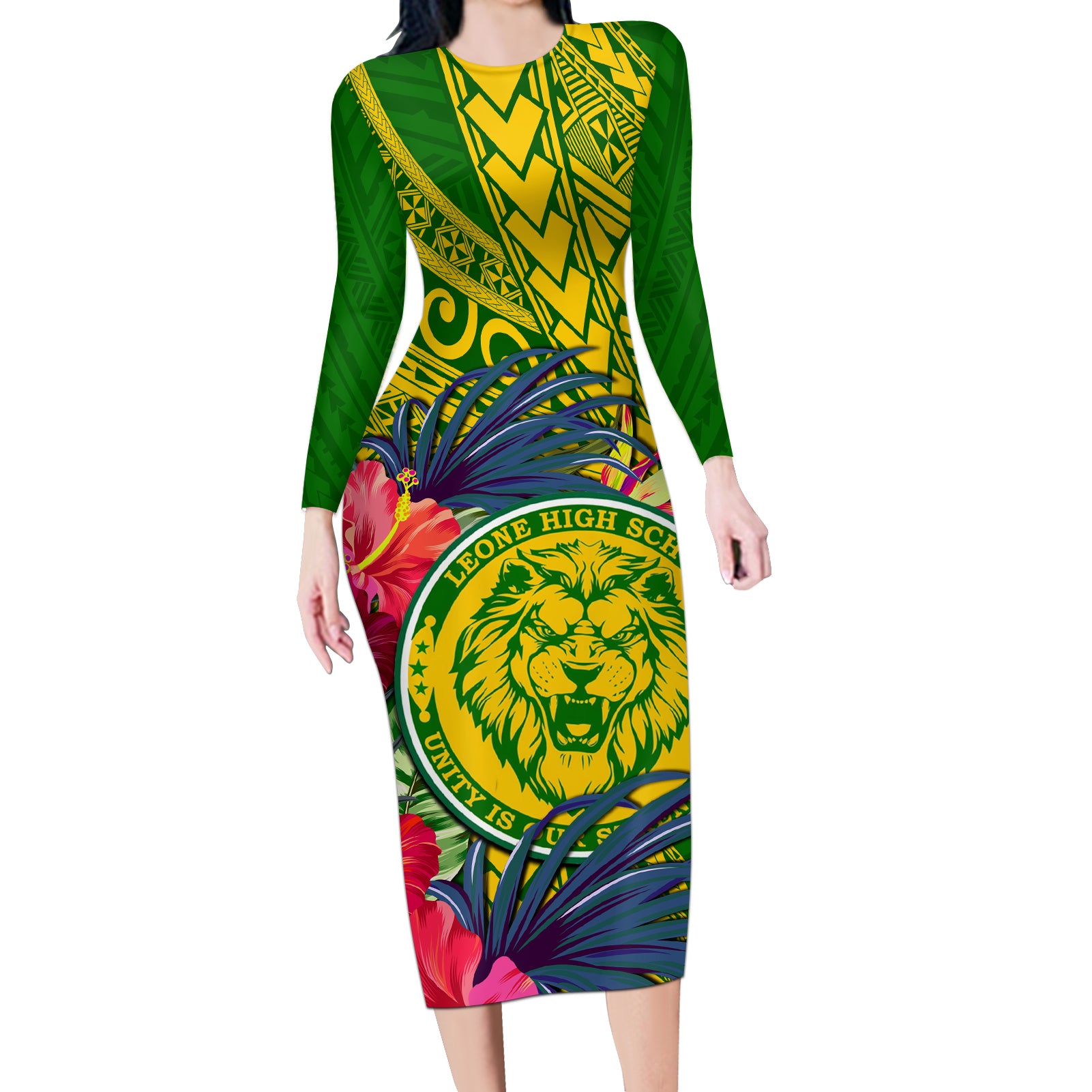 Personalised Leone High School Long Sleeve Bodycon Dress American Samoa Schools Polynesian Tropical Flowers - Wonder Print Shop