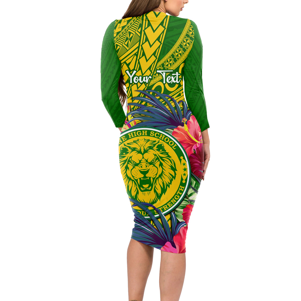 Personalised Leone High School Long Sleeve Bodycon Dress American Samoa Schools Polynesian Tropical Flowers - Wonder Print Shop