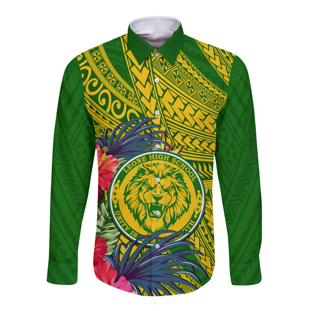 Personalised Leone High School Long Sleeve Button Shirt American Samoa Schools Polynesian Tropical Flowers - Wonder Print Shop