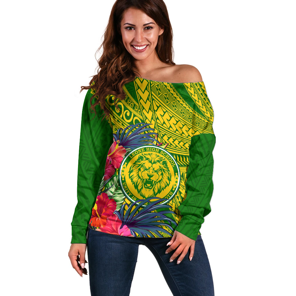 Personalised Leone High School Off Shoulder Sweater American Samoa Schools Polynesian Tropical Flowers - Wonder Print Shop