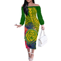 Personalised Leone High School Off The Shoulder Long Sleeve Dress American Samoa Schools Polynesian Tropical Flowers - Wonder Print Shop