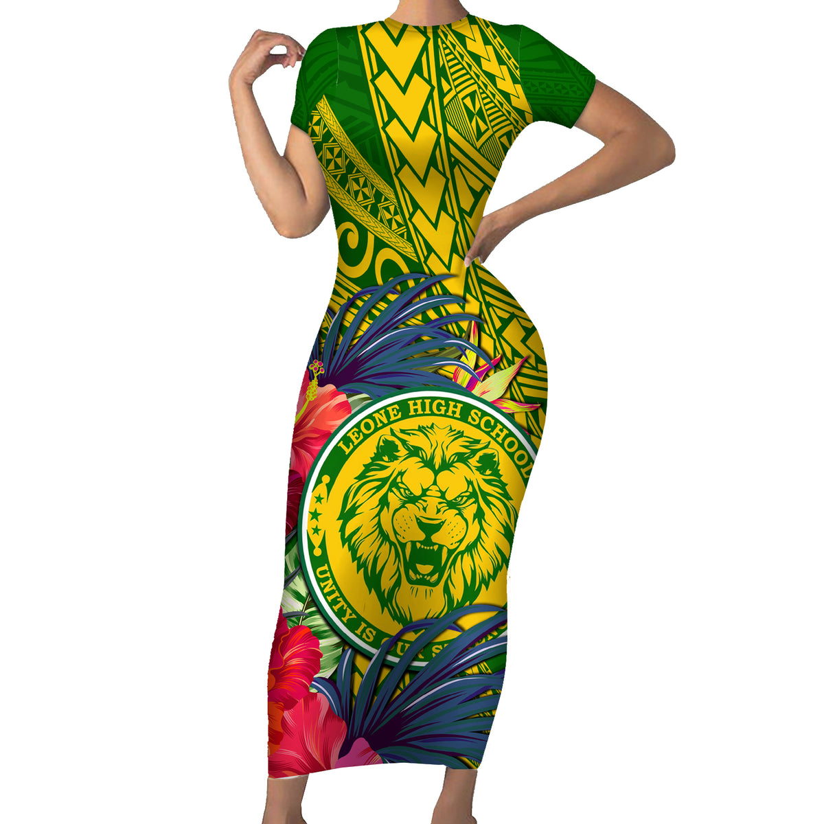 Personalised Leone High School Short Sleeve Bodycon Dress American Samoa Schools Polynesian Tropical Flowers - Wonder Print Shop