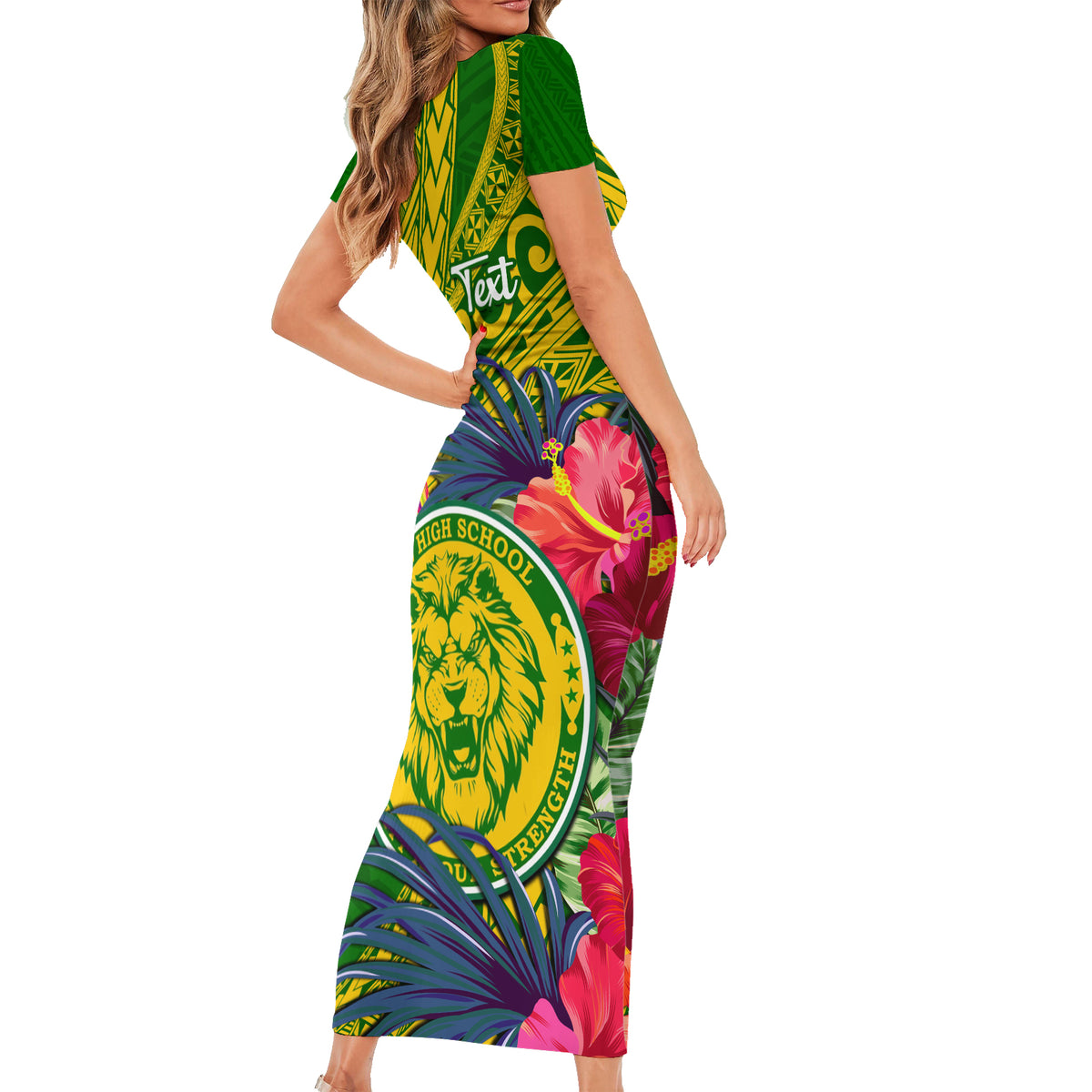 Personalised Leone High School Short Sleeve Bodycon Dress American Samoa Schools Polynesian Tropical Flowers - Wonder Print Shop