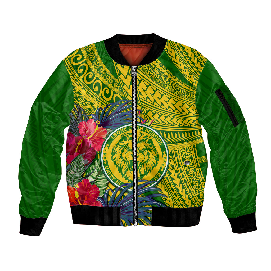 Personalised Leone High School Sleeve Zip Bomber Jacket American Samoa Schools Polynesian Tropical Flowers - Wonder Print Shop