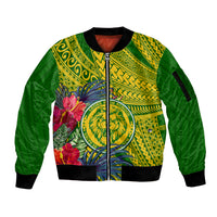 Personalised Leone High School Sleeve Zip Bomber Jacket American Samoa Schools Polynesian Tropical Flowers - Wonder Print Shop