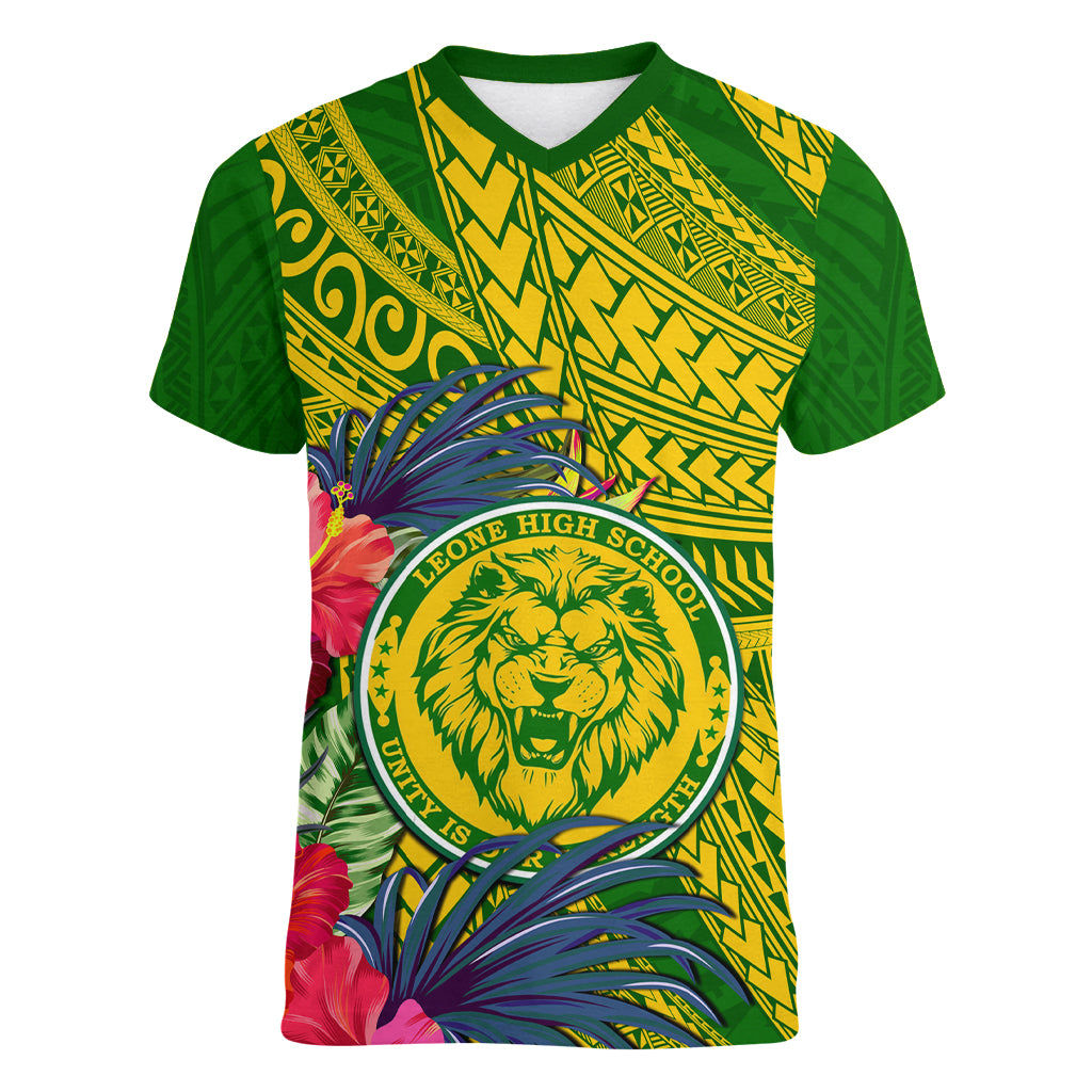 Personalised Leone High School Women V Neck T Shirt American Samoa Schools Polynesian Tropical Flowers - Wonder Print Shop