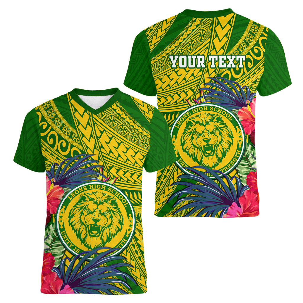 Personalised Leone High School Women V Neck T Shirt American Samoa Schools Polynesian Tropical Flowers - Wonder Print Shop