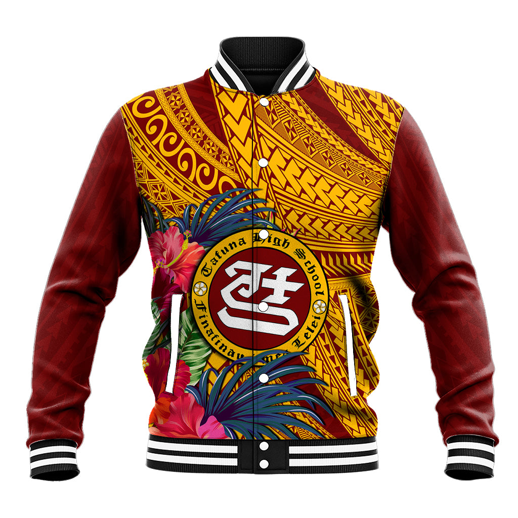 Personalised Tafuna High School Baseball Jacket American Samoa Schools Polynesian Tropical Flowers - Wonder Print Shop