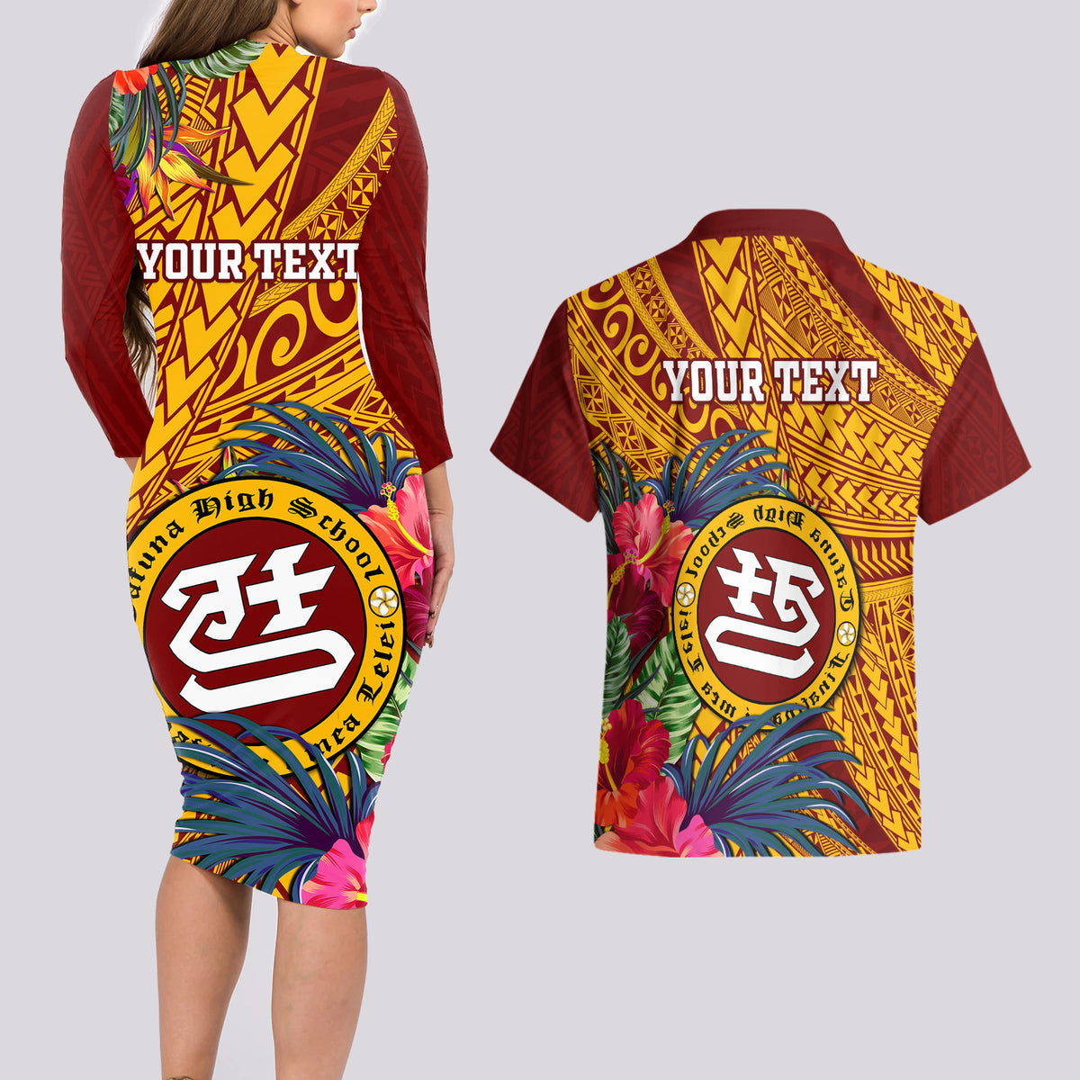 Personalised Tafuna High School Couples Matching Long Sleeve Bodycon Dress and Hawaiian Shirt American Samoa Schools Polynesian Tropical Flowers - Wonder Print Shop