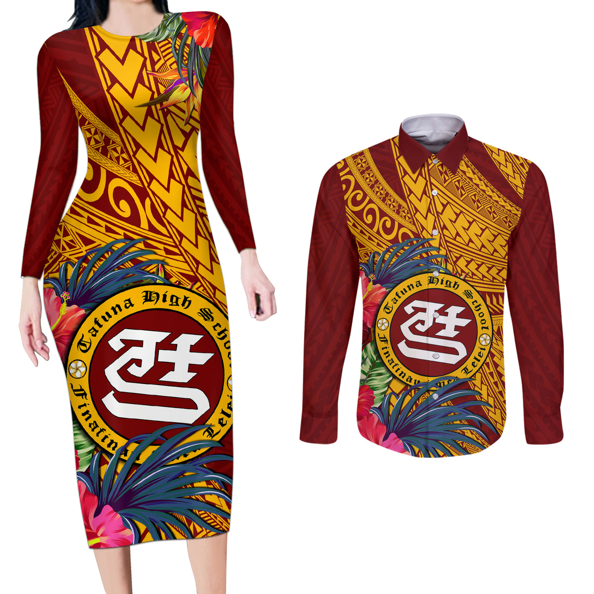 Personalised Tafuna High School Couples Matching Long Sleeve Bodycon Dress and Long Sleeve Button Shirt American Samoa Schools Polynesian Tropical Flowers - Wonder Print Shop