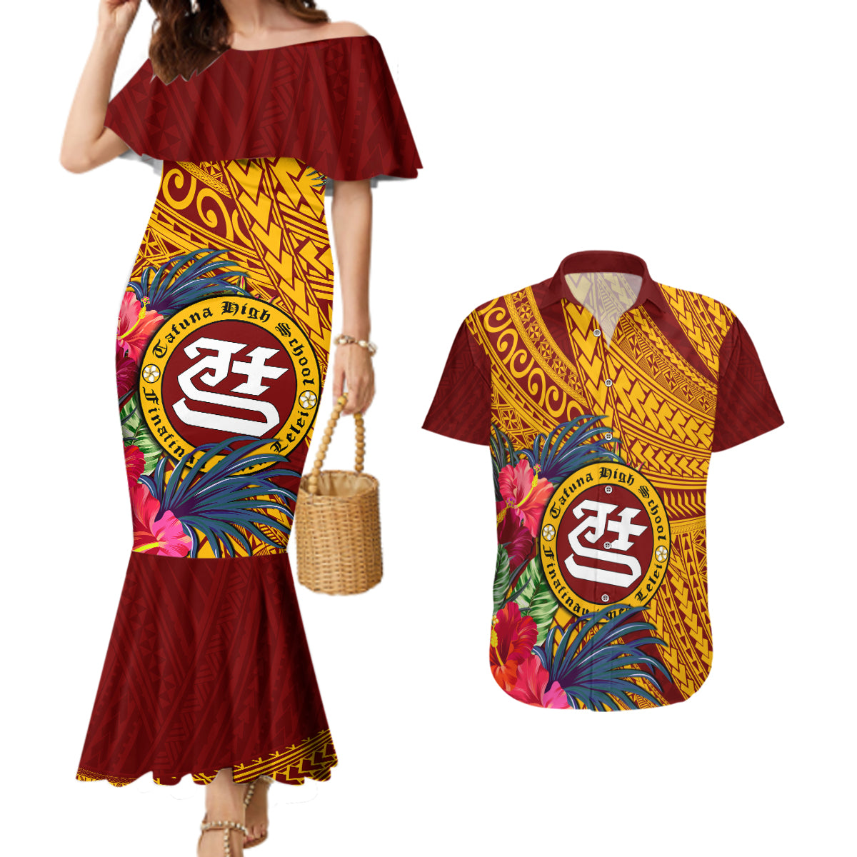 Personalised Tafuna High School Couples Matching Mermaid Dress and Hawaiian Shirt American Samoa Schools Polynesian Tropical Flowers - Wonder Print Shop