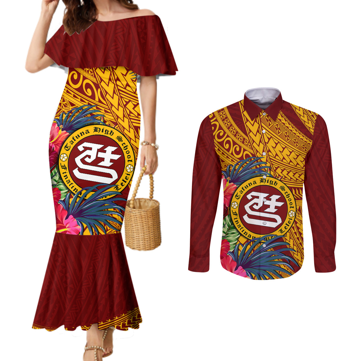 personalised-tafuna-high-school-couples-matching-mermaid-dress-and-long-sleeve-button-shirt-american-samoa-schools-polynesian-tropical-flowers