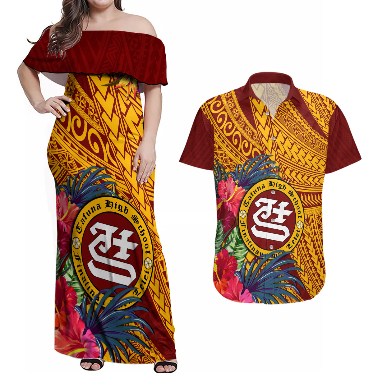 Personalised Tafuna High School Couples Matching Off Shoulder Maxi Dress and Hawaiian Shirt American Samoa Schools Polynesian Tropical Flowers - Wonder Print Shop