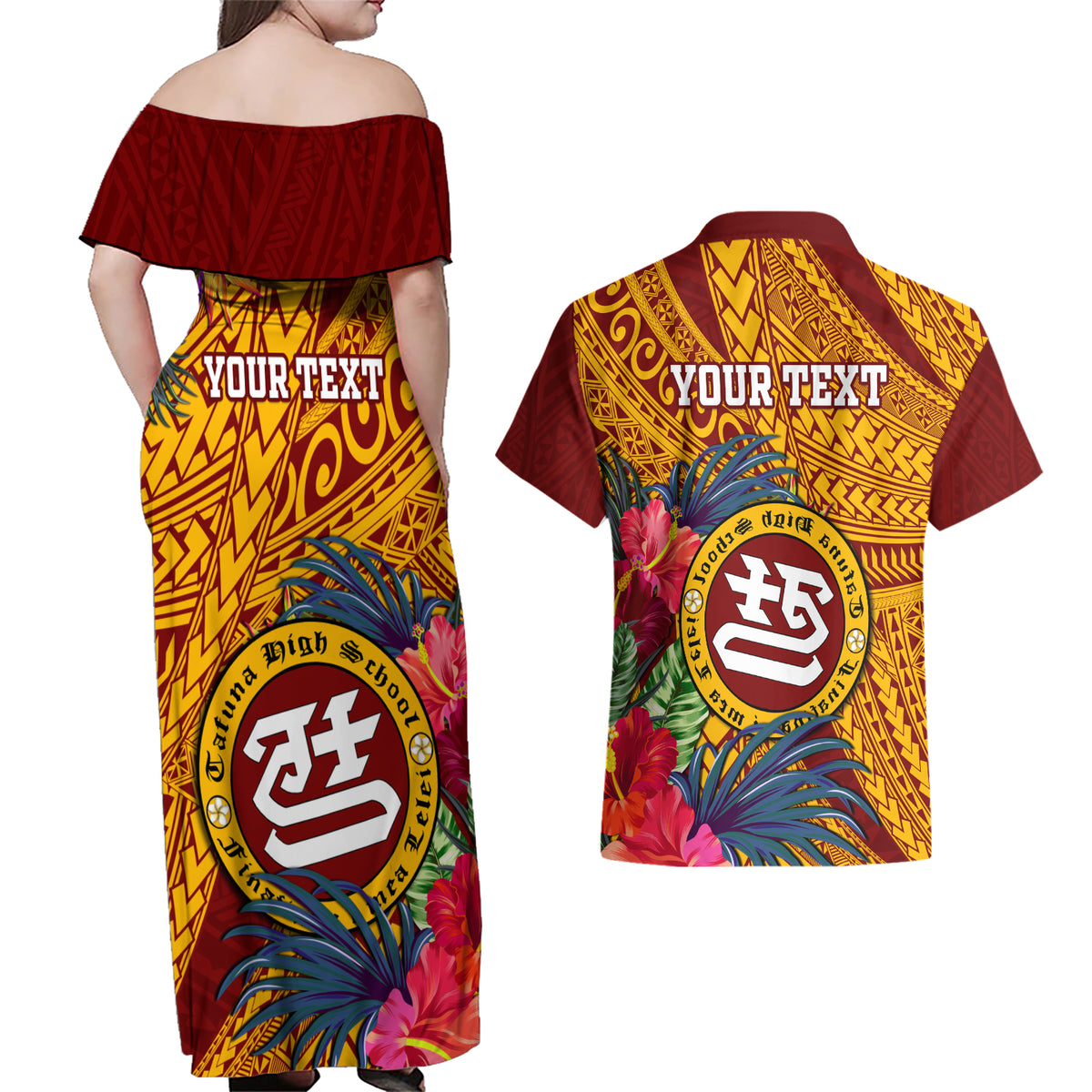 Personalised Tafuna High School Couples Matching Off Shoulder Maxi Dress and Hawaiian Shirt American Samoa Schools Polynesian Tropical Flowers - Wonder Print Shop