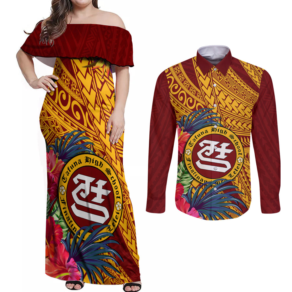 Personalised Tafuna High School Couples Matching Off Shoulder Maxi Dress and Long Sleeve Button Shirt American Samoa Schools Polynesian Tropical Flowers - Wonder Print Shop