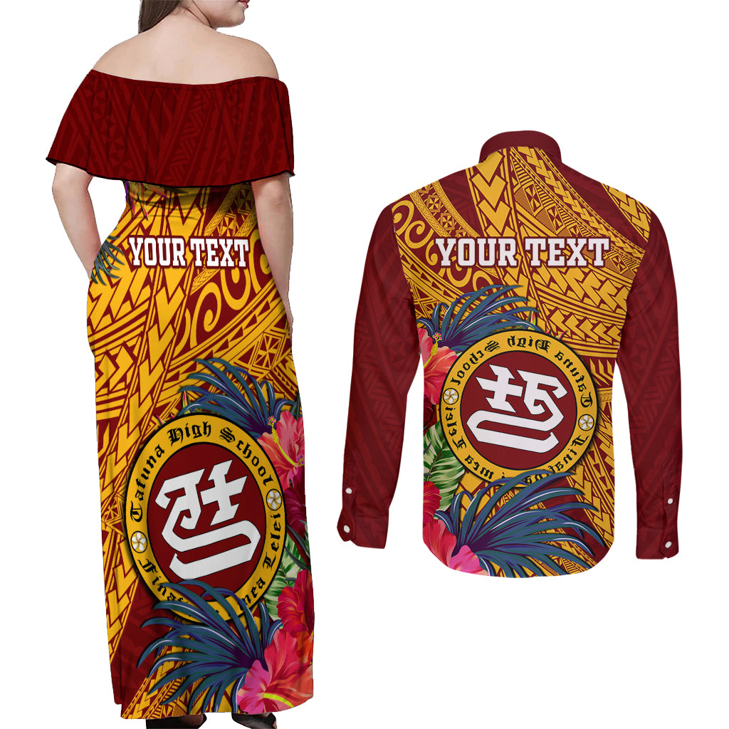 Personalised Tafuna High School Couples Matching Off Shoulder Maxi Dress and Long Sleeve Button Shirt American Samoa Schools Polynesian Tropical Flowers - Wonder Print Shop