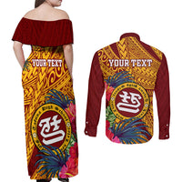 Personalised Tafuna High School Couples Matching Off Shoulder Maxi Dress and Long Sleeve Button Shirt American Samoa Schools Polynesian Tropical Flowers - Wonder Print Shop