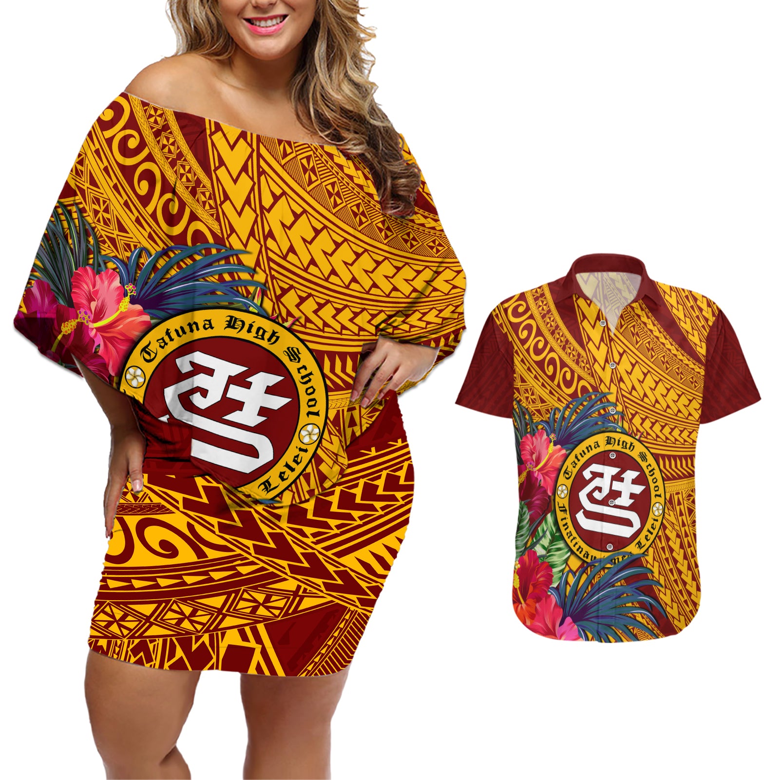 Personalised Tafuna High School Couples Matching Off Shoulder Short Dress and Hawaiian Shirt American Samoa Schools Polynesian Tropical Flowers - Wonder Print Shop