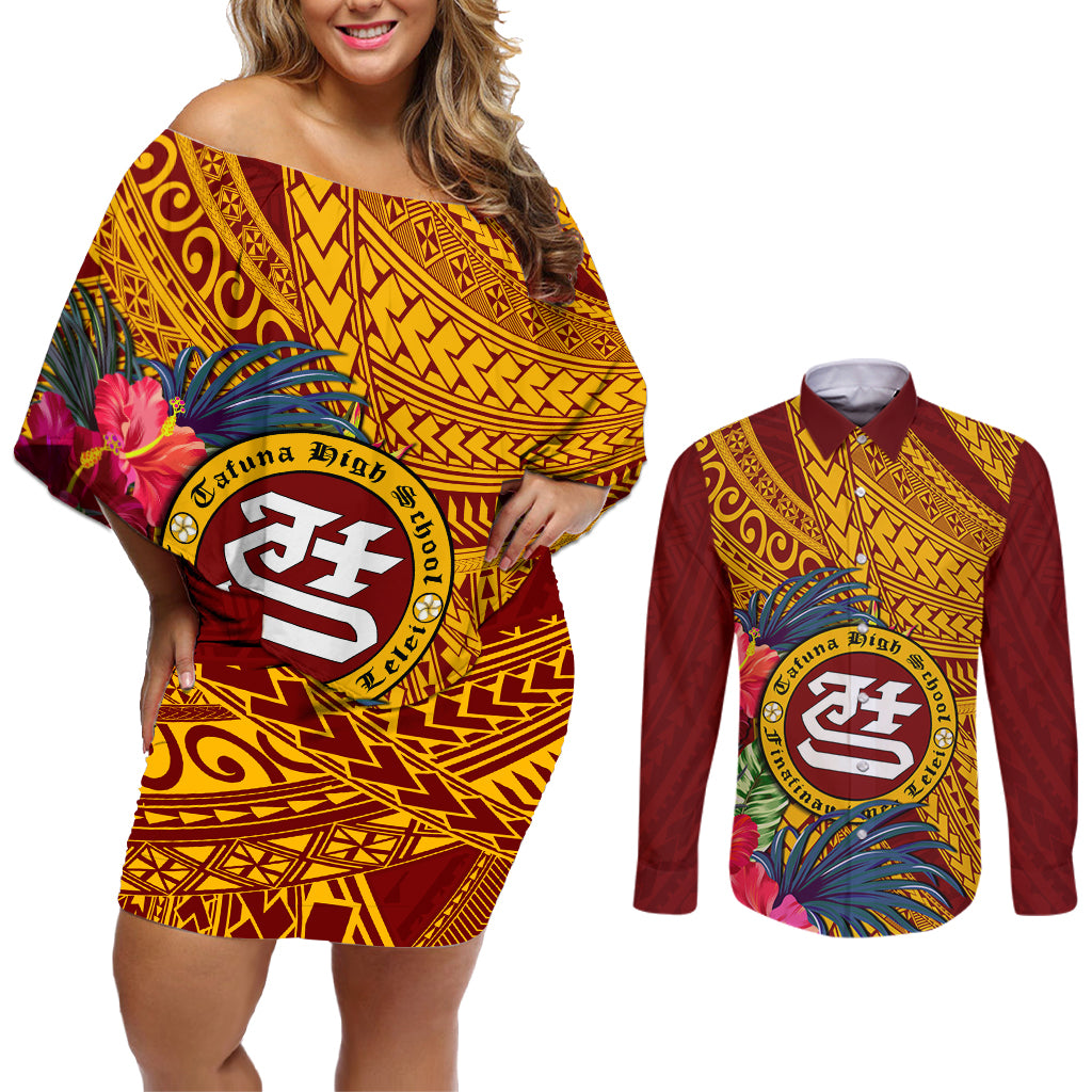 Personalised Tafuna High School Couples Matching Off Shoulder Short Dress and Long Sleeve Button Shirt American Samoa Schools Polynesian Tropical Flowers - Wonder Print Shop